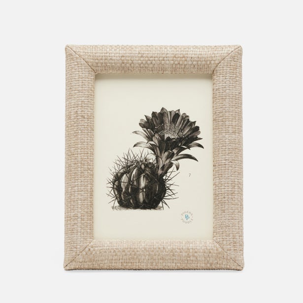 Close-up of Pigeon & Poodle Belem frame in woven natural linen texture.