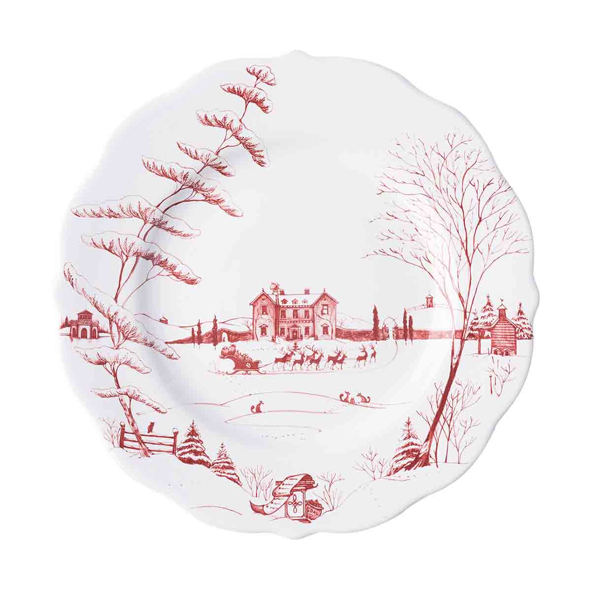 Juliska Country Estate Winter Frolic dinner plate in ruby, a snowy estate scene with a sleigh inside a scalloped rim