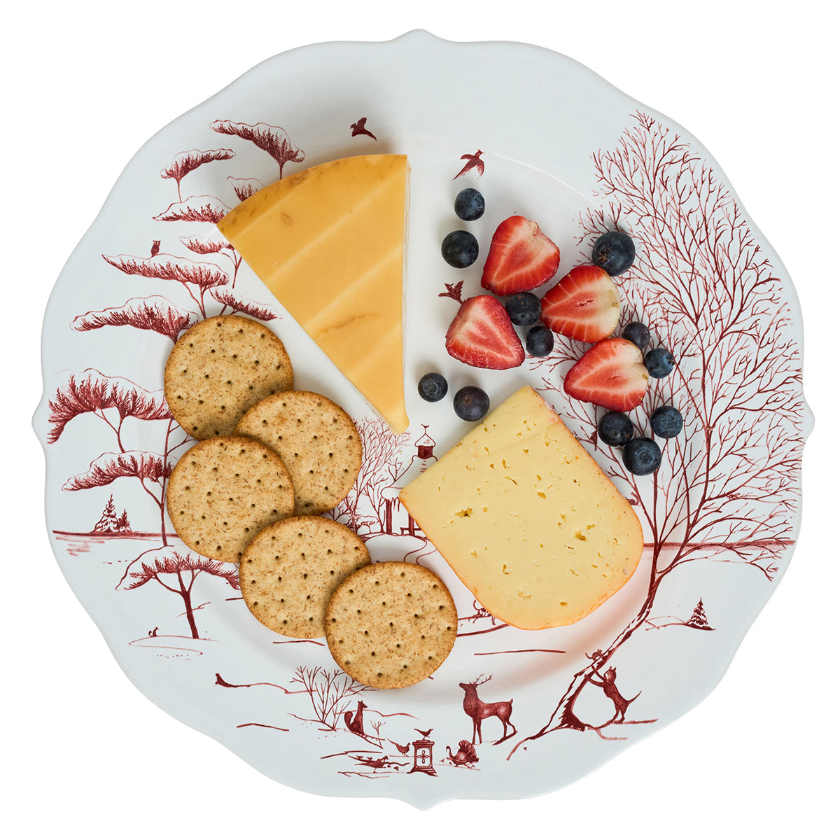 Ruby Winter Frolic charger used as a platter for cheese, crackers and strawberries