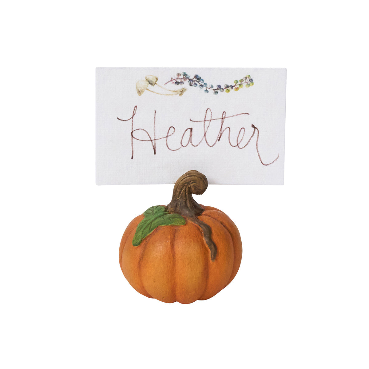 Juliska Forest Walk orange pumpkin place card holder holding a card that reads Heather