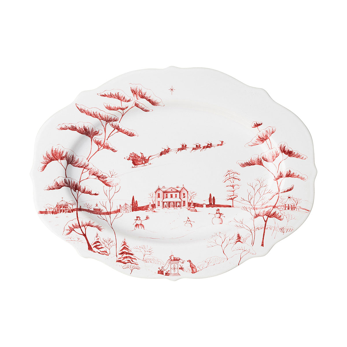 Juliska Country Estate Winter Frolic 15 inch platter in ruby with Santa's sleigh flying over the main house