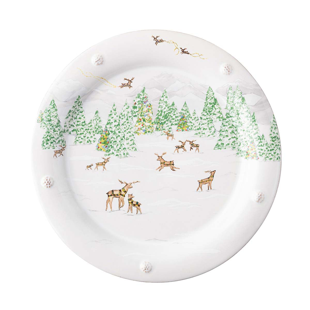North Pole dinner plate with evergreens and reindeer