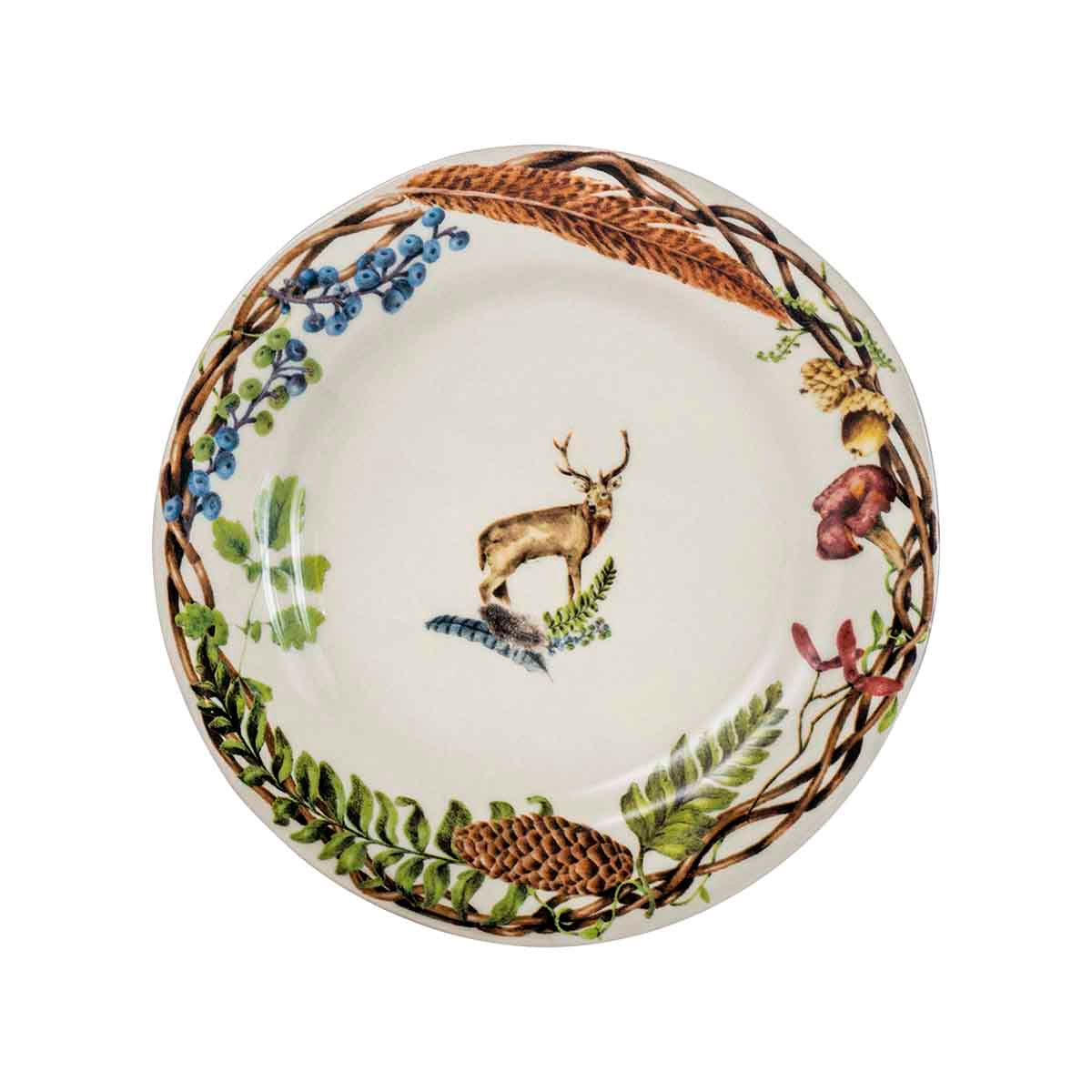 Juliska Forest Walk salad plate with a stag at the center inside a twig, berry and feather border