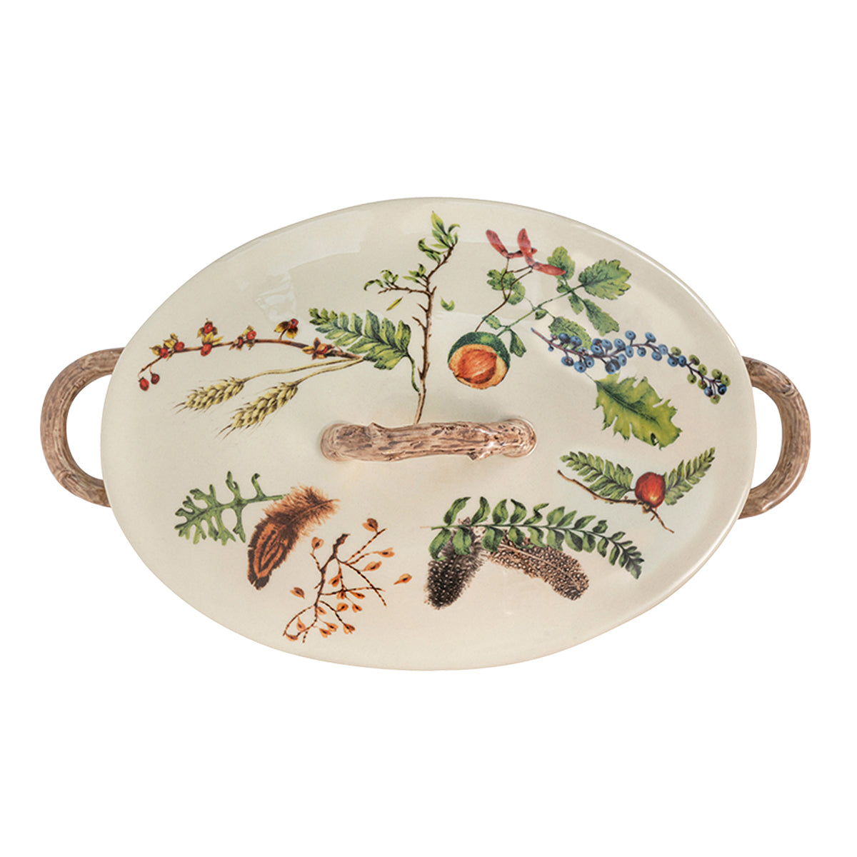 Juliska Forest Walk tureen lid viewed from above, painted with berries, twigs and feathers