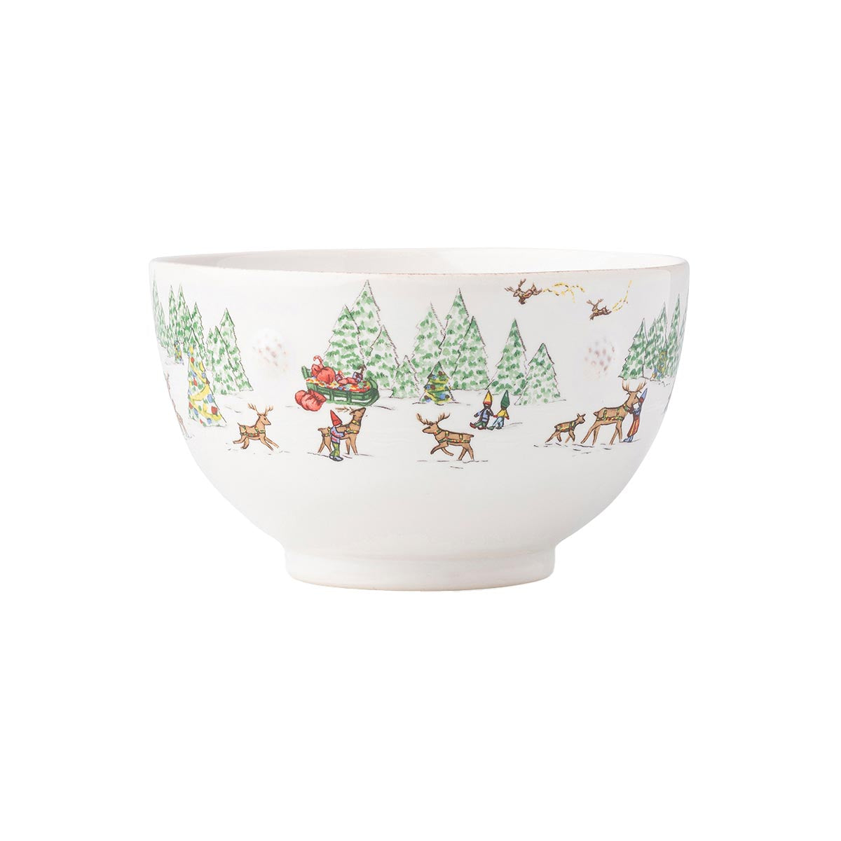 North Pole cereal bowl showing reindeer among snowy evergreens
