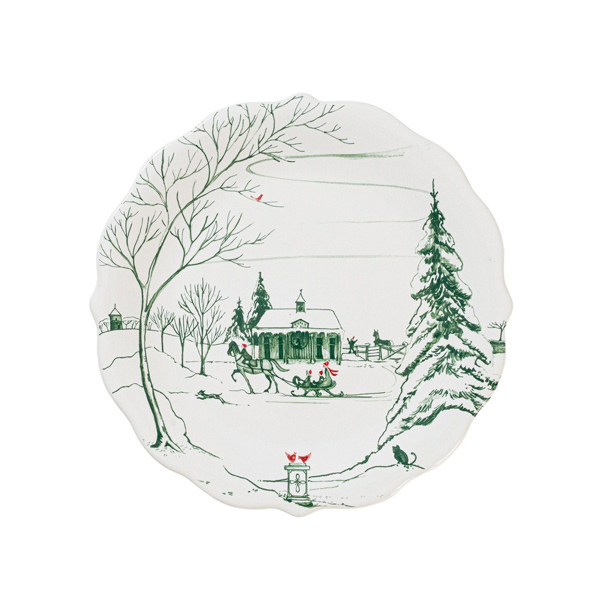 Evergreen Winter Frolic party plate with a horse-drawn sleigh beside a fir tree