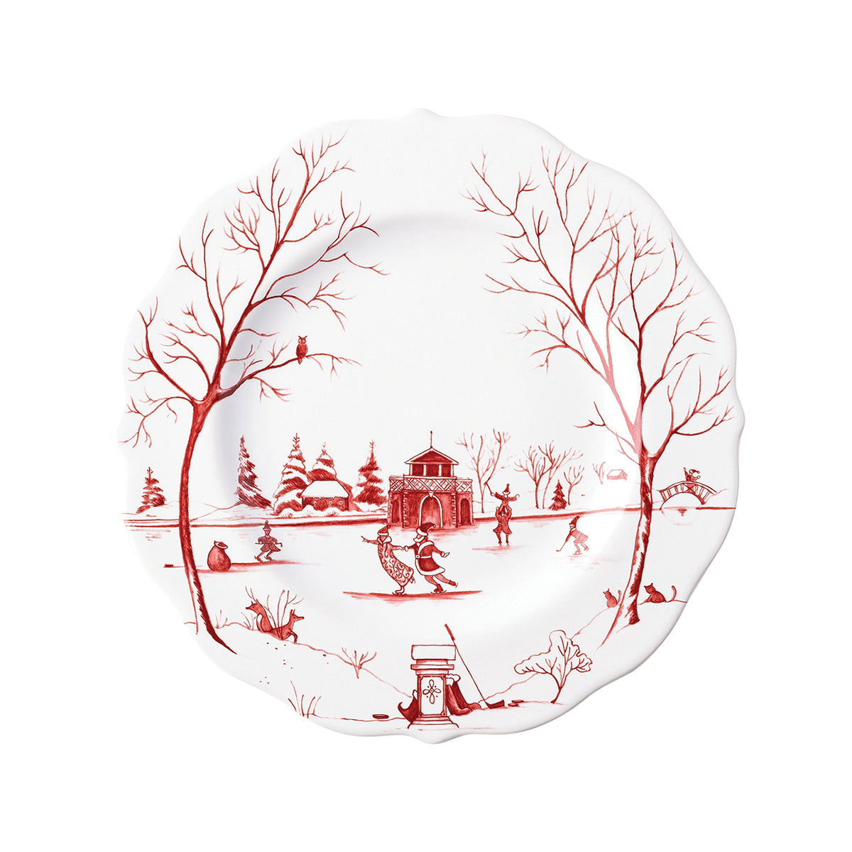 Ruby Winter Frolic salad plate with Santa and Mrs. Claus skating