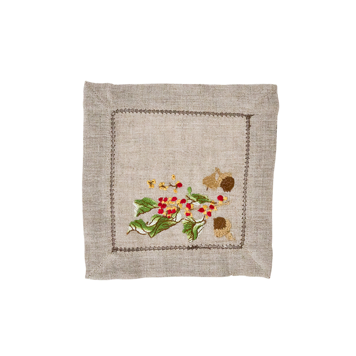 Juliska Forest Walk linen cocktail napkin embroidered with red berries, leaves and acorns