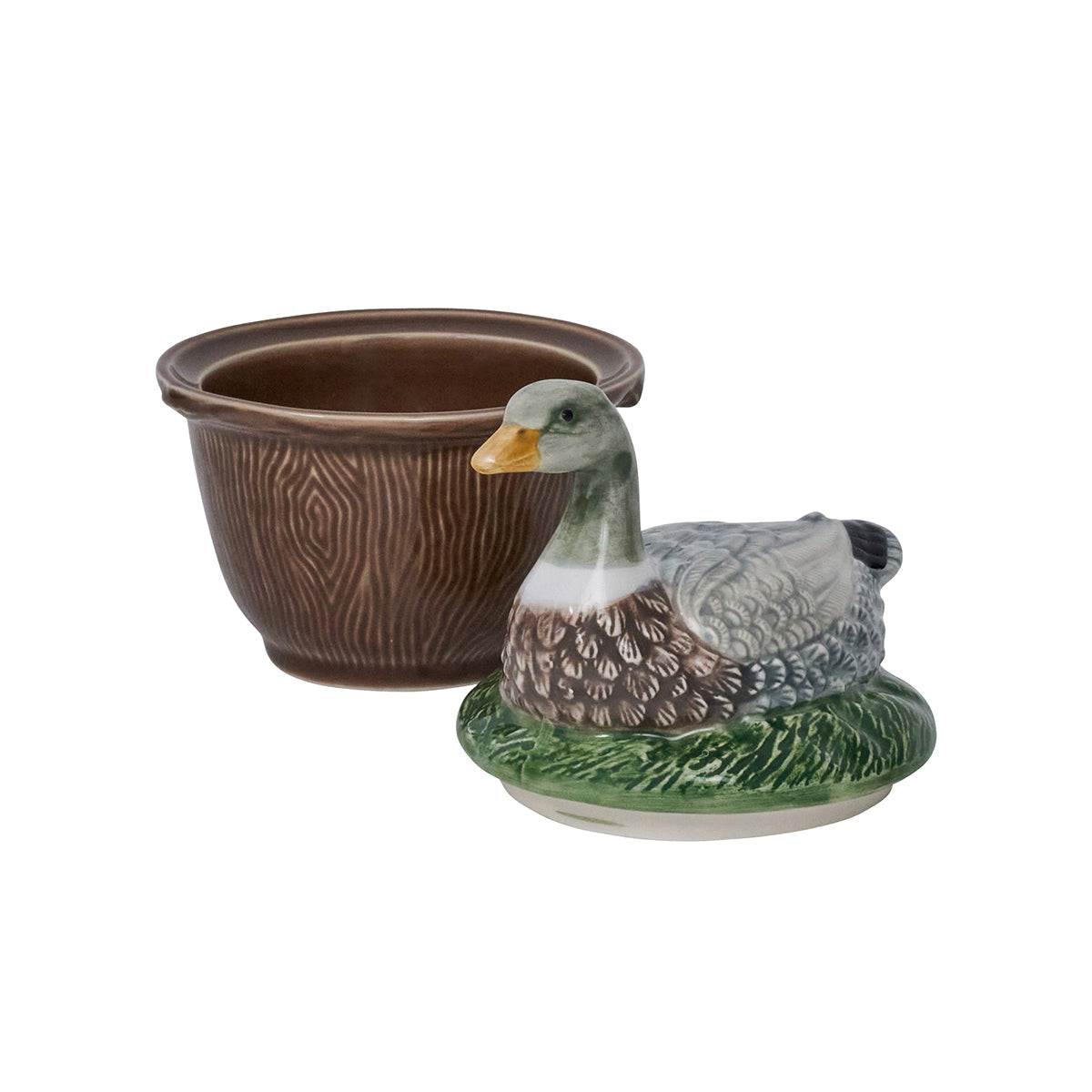 Juliska Forest Walk duck lidded bowl, empty, with the mallard duck lid set beside the bowl