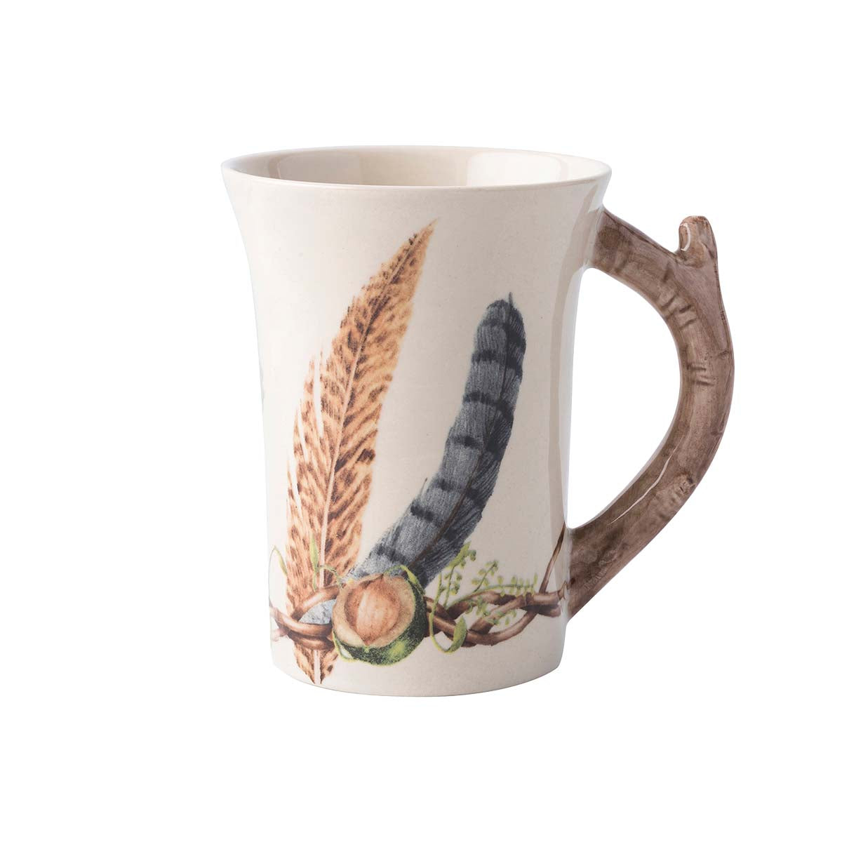 Juliska Forest Walk cream mug painted with feathers and acorns, with a twig-shaped handle