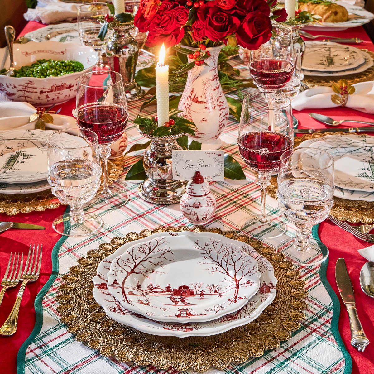 Holiday table set with Winter Frolic dinnerware and place cards