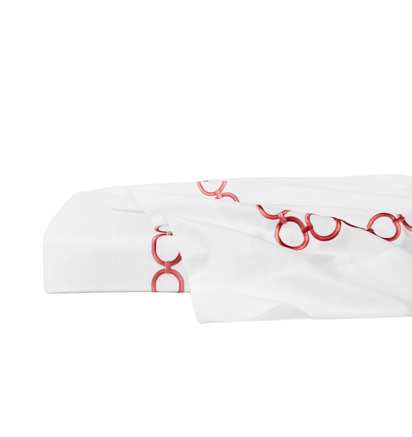 Sferra Catena flat sheet in white with crimson embroidered chain-link border.