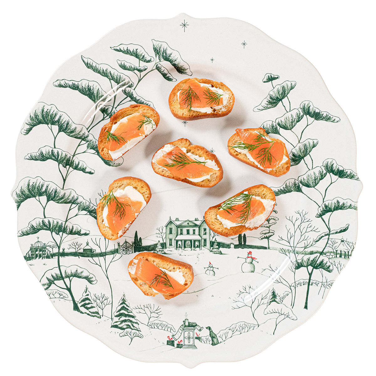 Evergreen Winter Frolic charger used as a platter for smoked salmon toasts