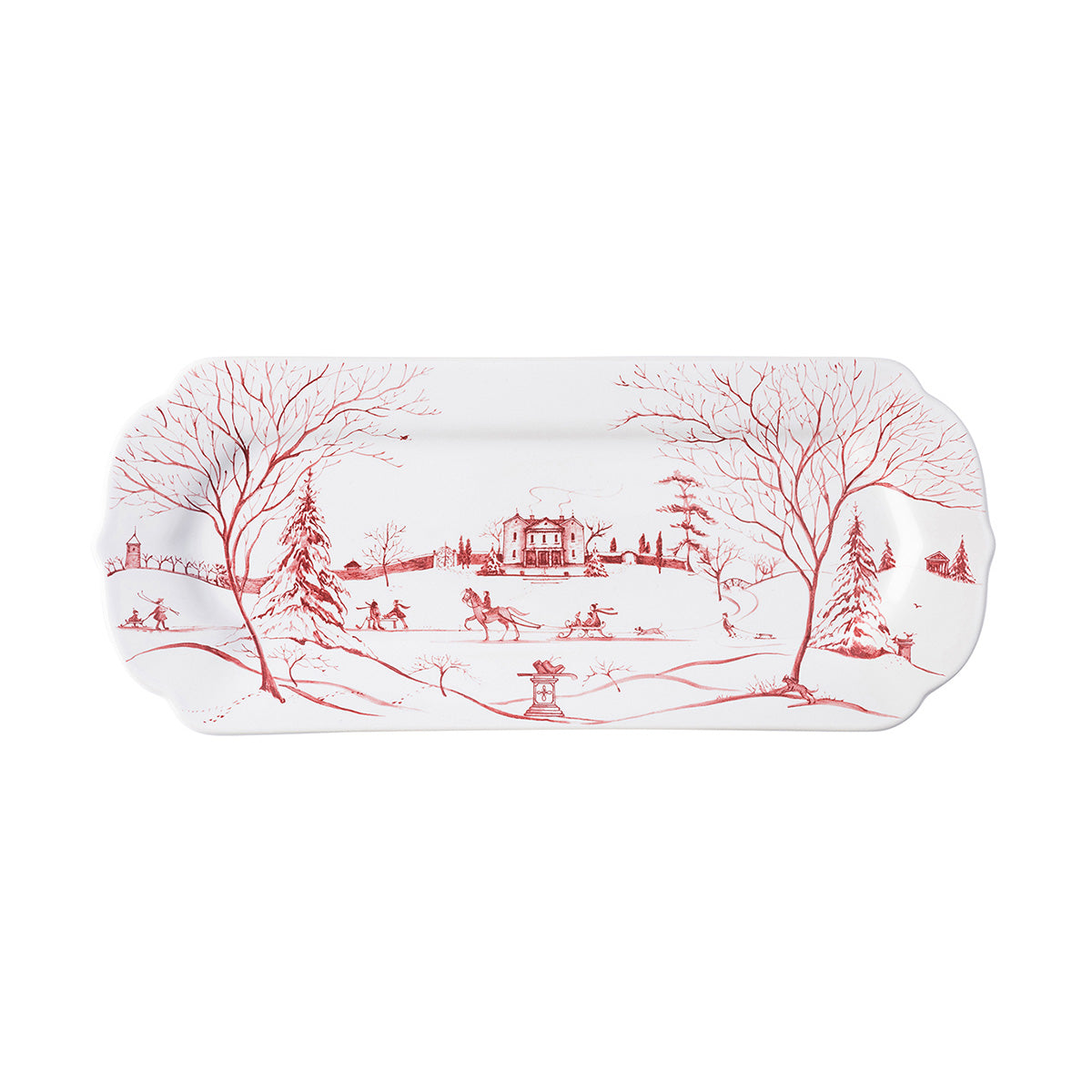 Juliska Country Estate Winter Frolic 15 inch hostess tray in ruby with a winter estate scene