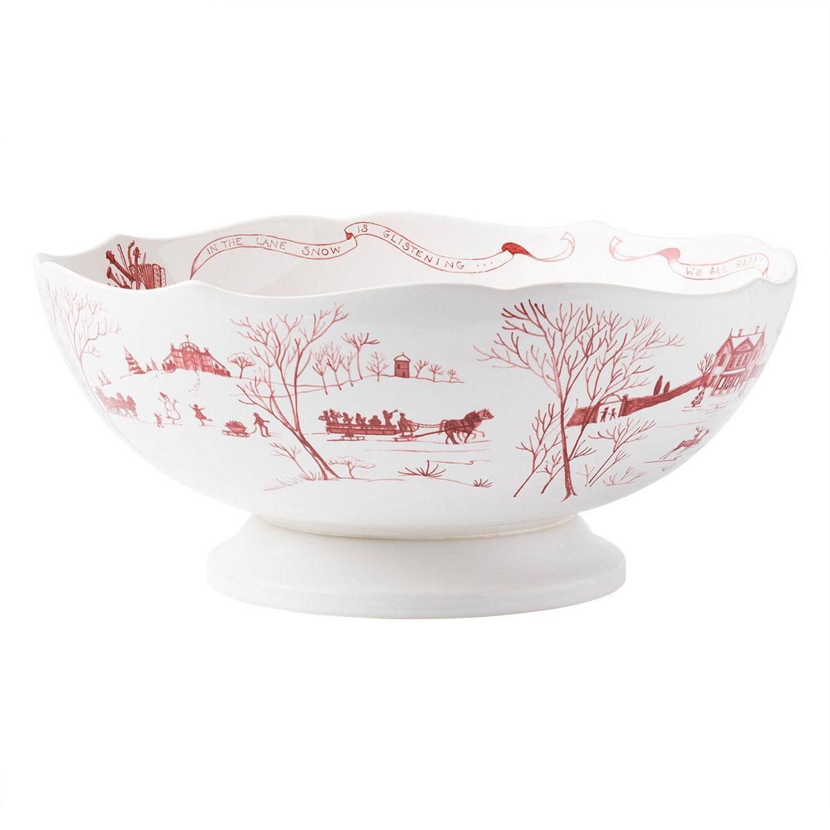 Ruby Winter Frolic centerpiece bowl showing a sleigh ride