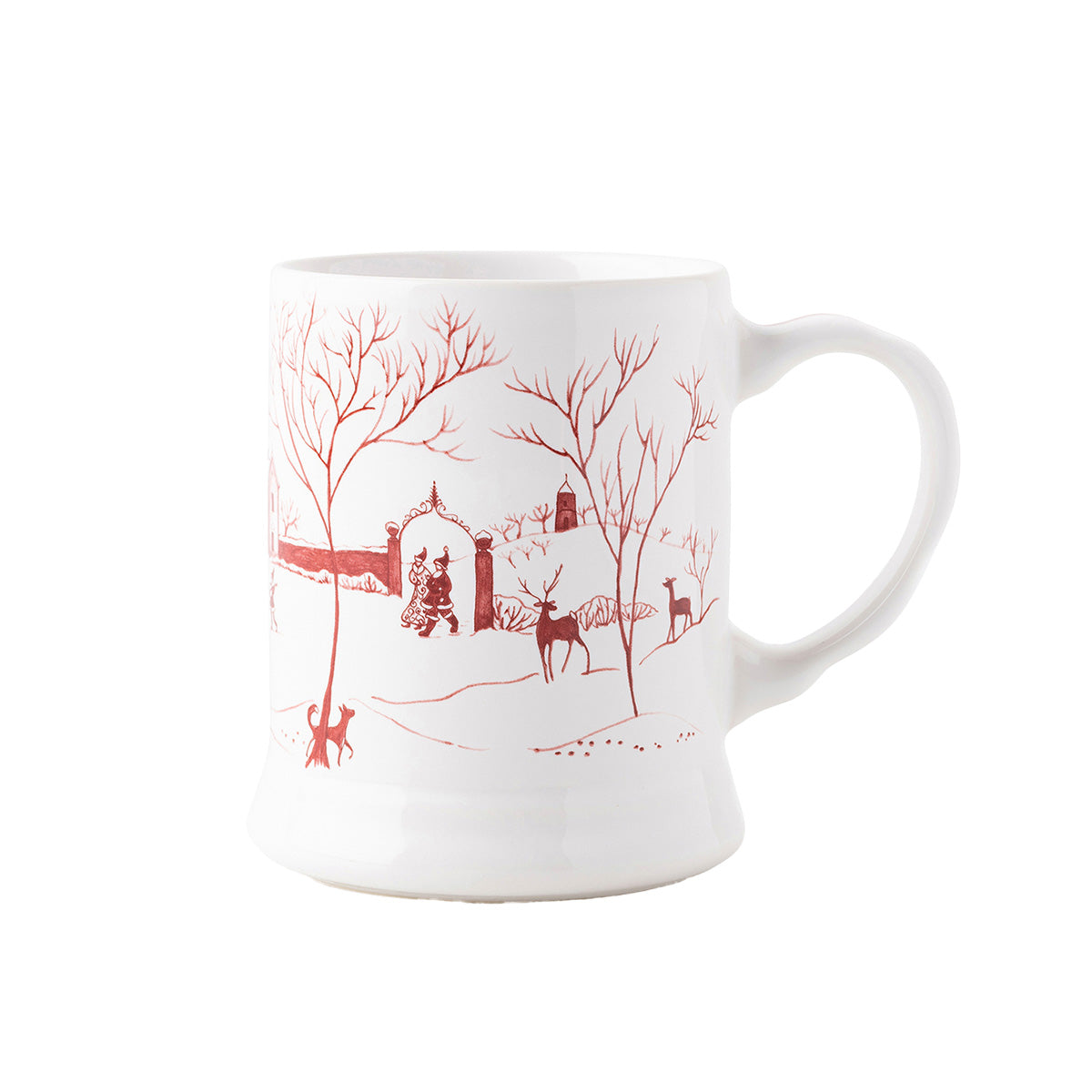 Juliska Country Estate Winter Frolic Santa and Merry mug in ruby, a straight-sided mug with a snowy estate scene