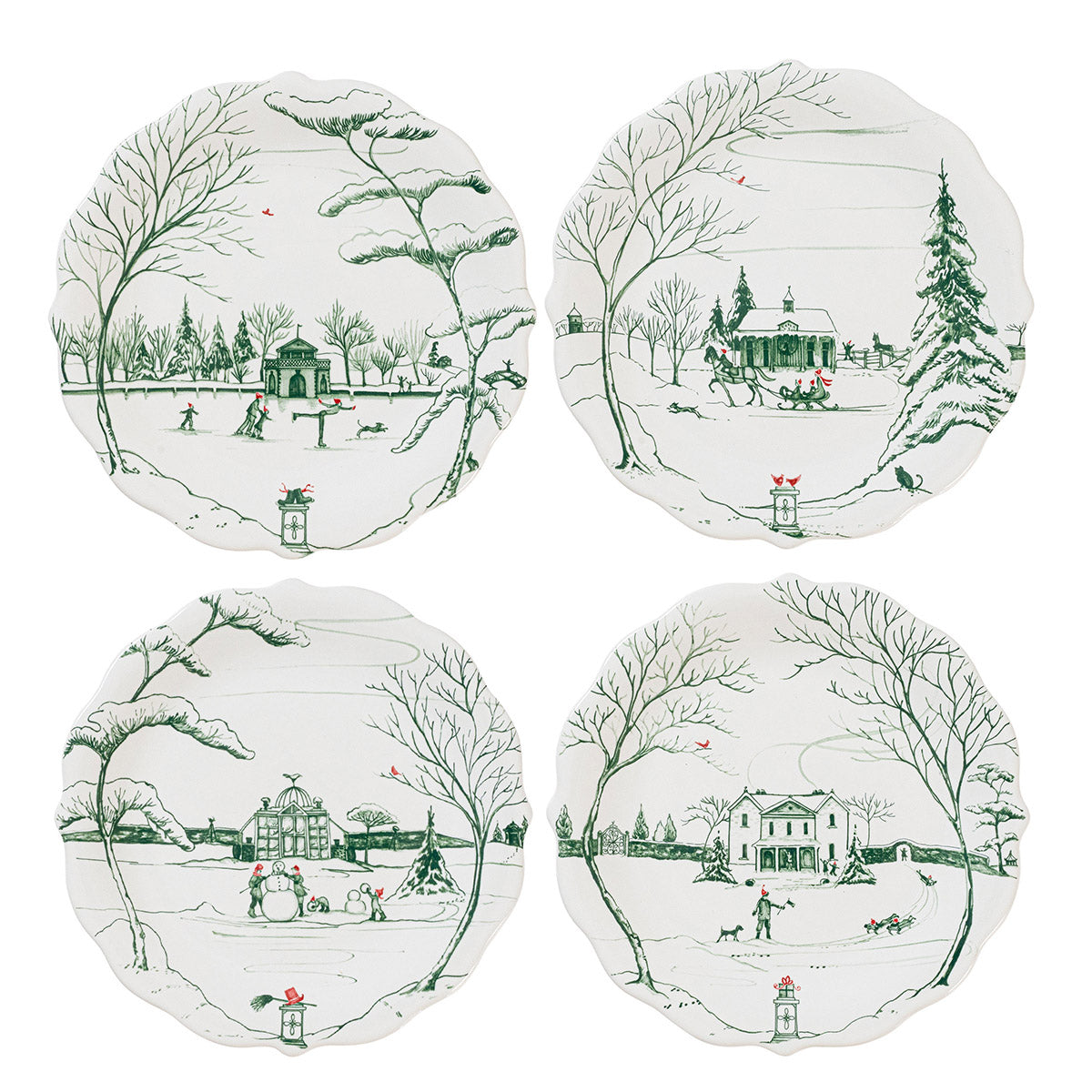 Juliska Country Estate Winter Frolic set of four evergreen party plates, each with a different winter scene