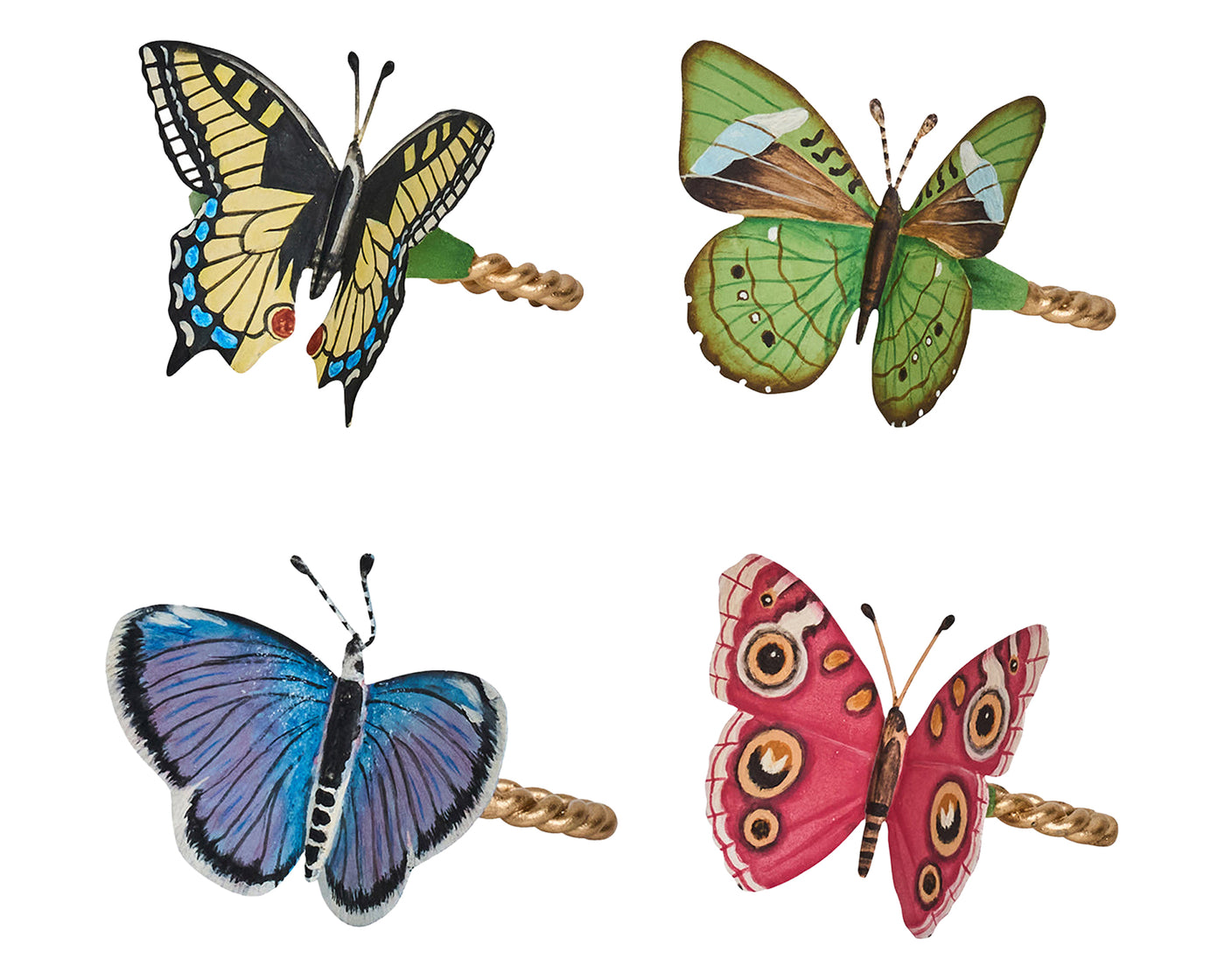 Four colorful butterfly-shaped napkin rings in yellow, green, blue, and pink on white.