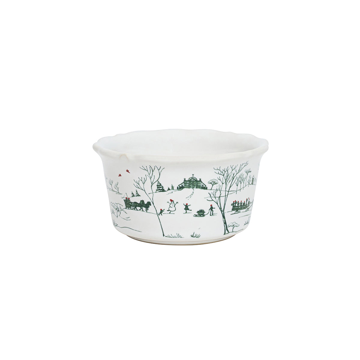 Juliska Country Estate Winter Frolic ramekin in evergreen with a snowy skating scene