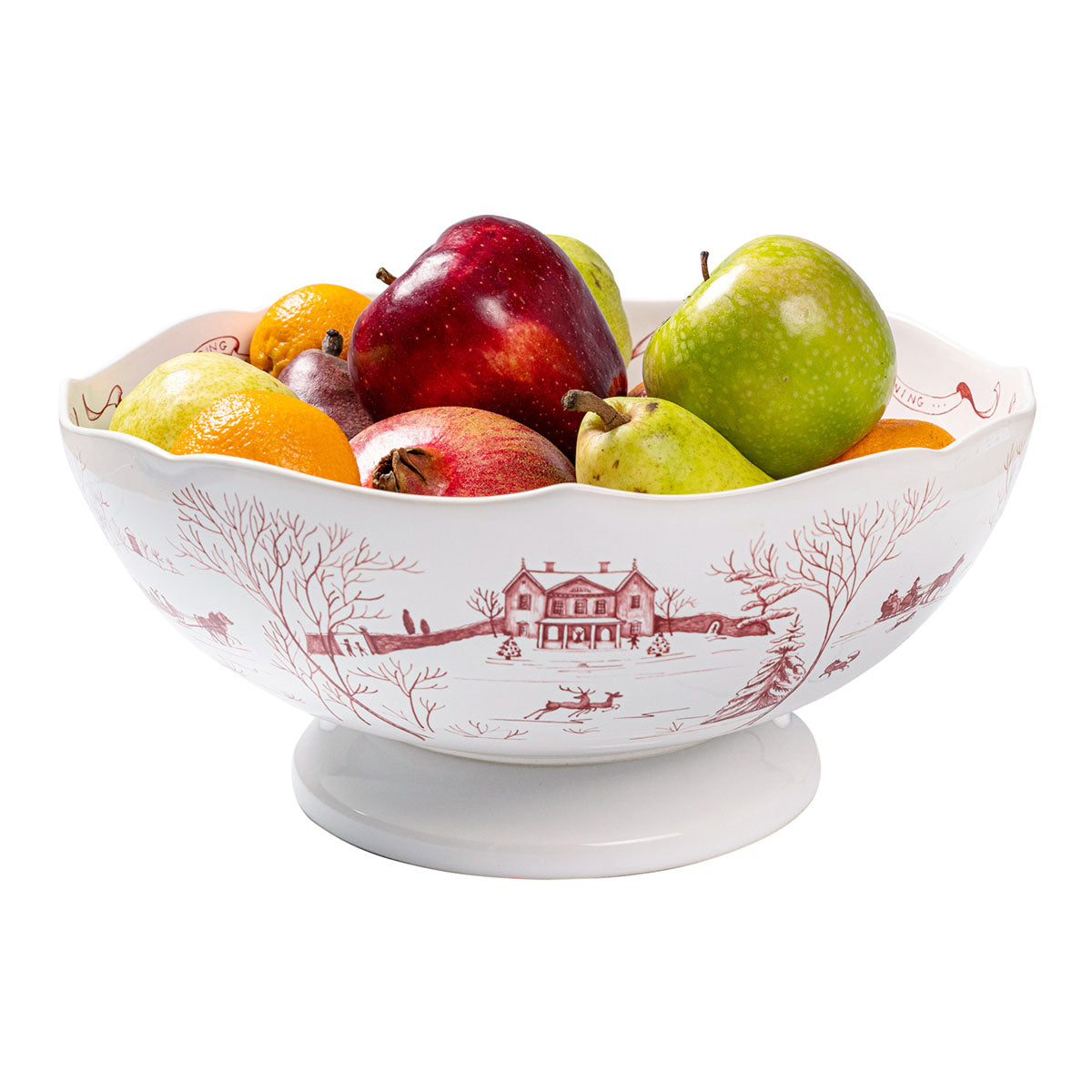 Ruby Winter Frolic centerpiece bowl filled with apples and pears