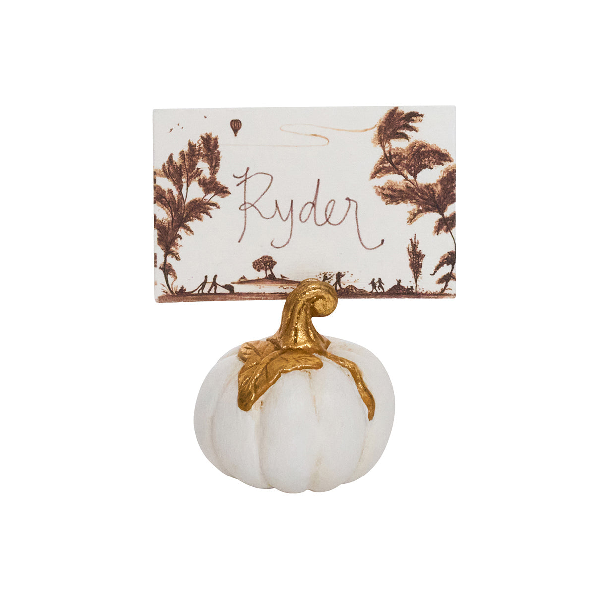 Juliska Forest Walk white and gold pumpkin place card holder holding a card that reads Ryder