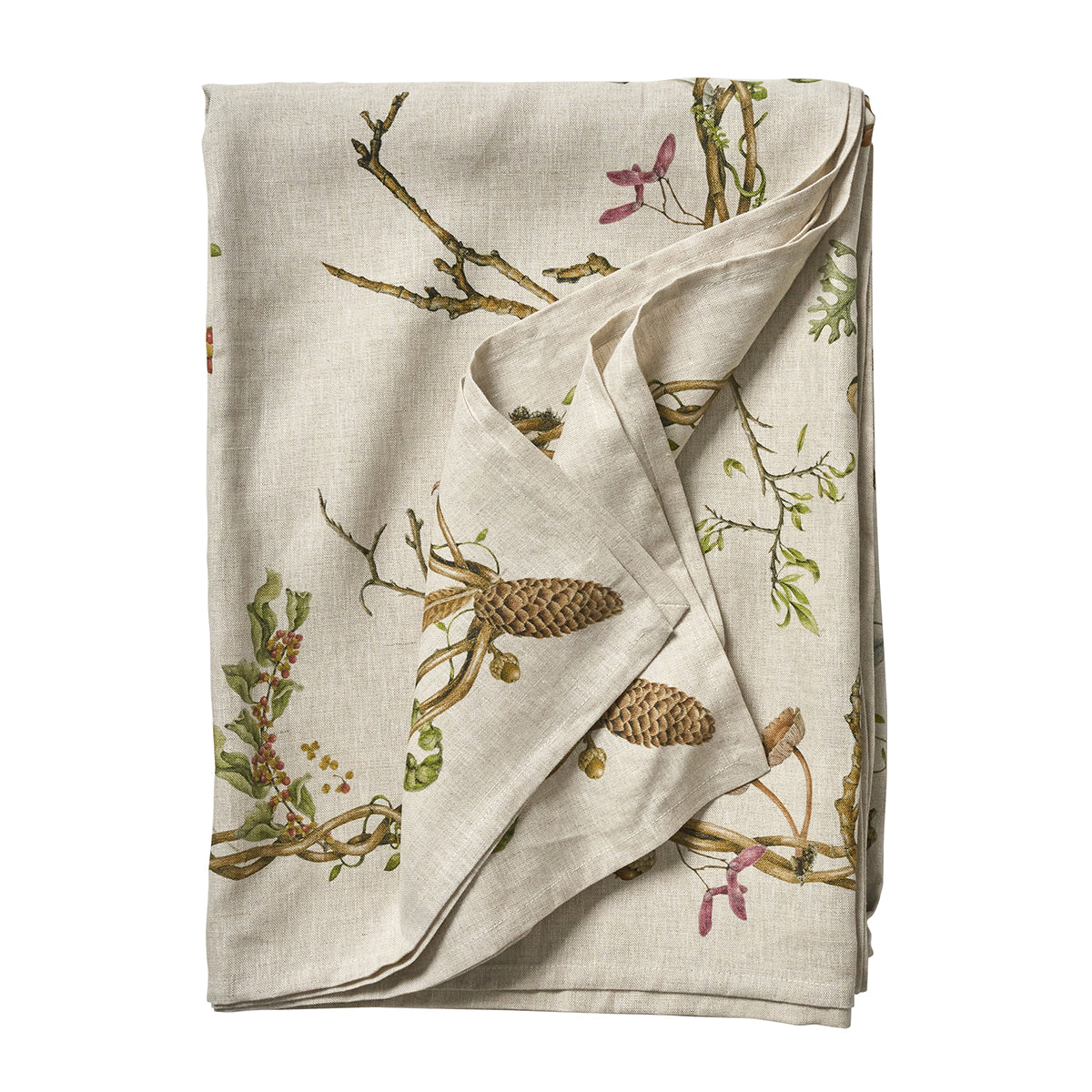 Juliska Forest Walk 60 by 120 inch linen tablecloth printed with twigs, pinecones and feathers, shown folded
