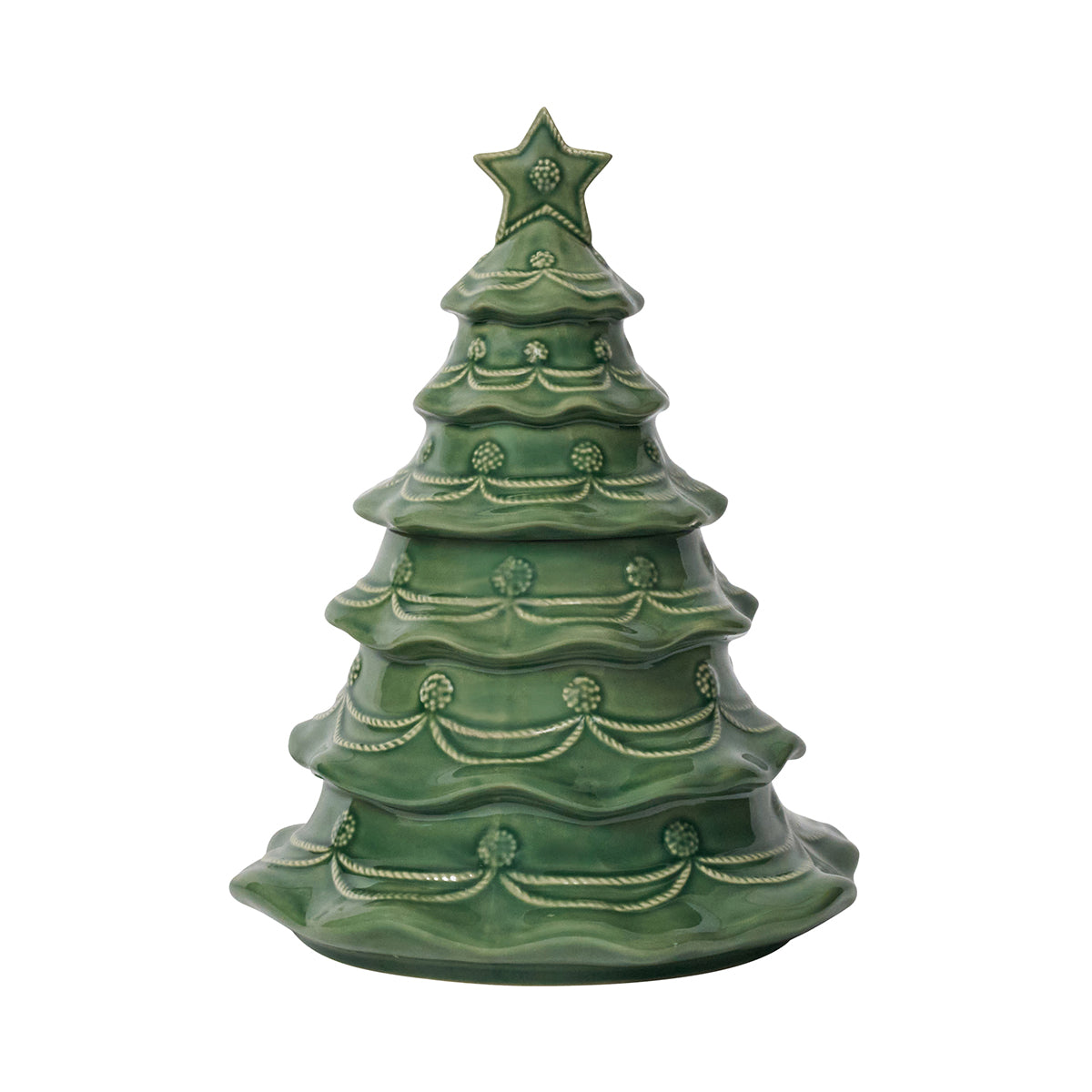 Juliska Berry & Thread Christmas tree cookie jar in basil green ceramic with a star-topped lid