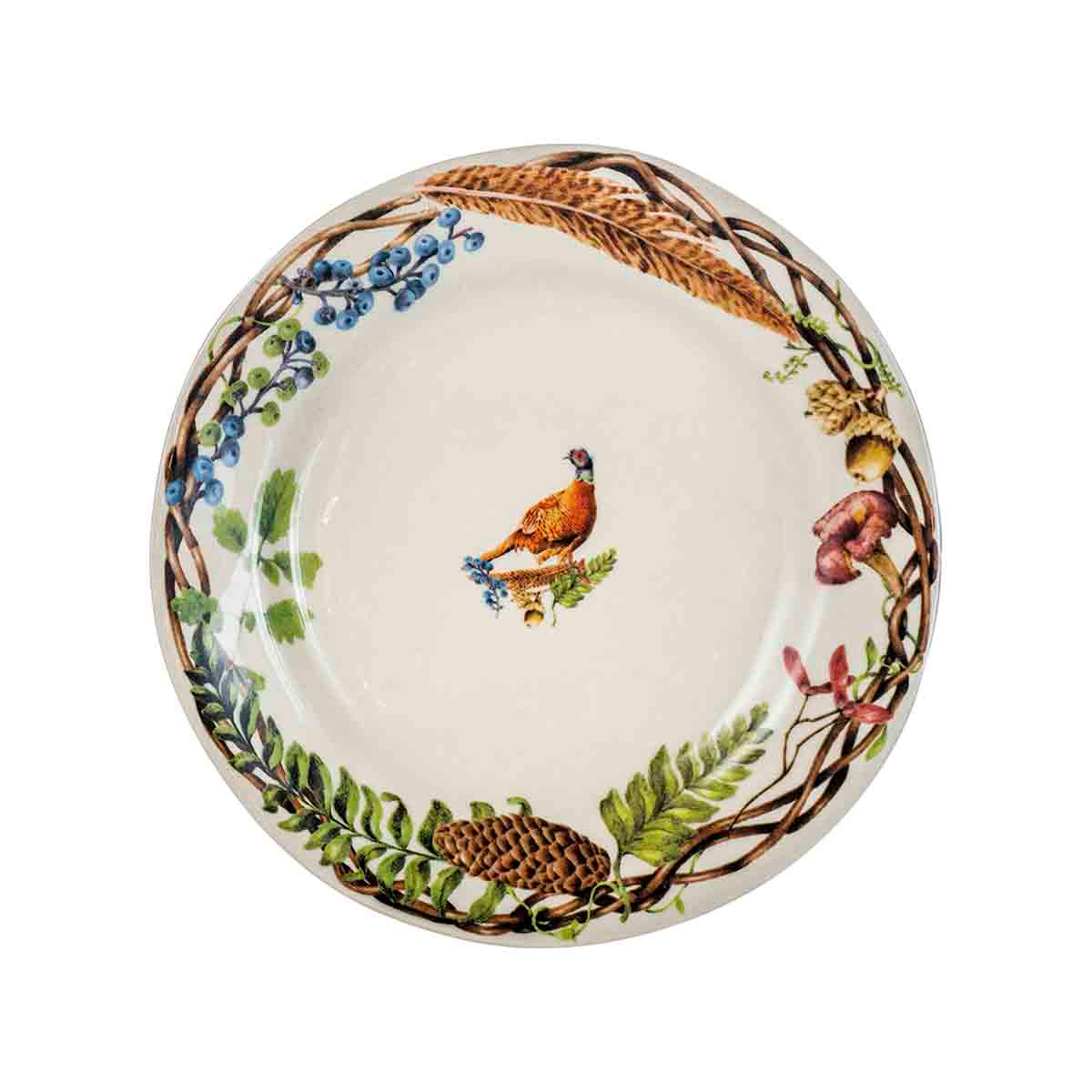 Juliska Forest Walk salad plate with a pheasant at the center inside a twig, berry and feather border