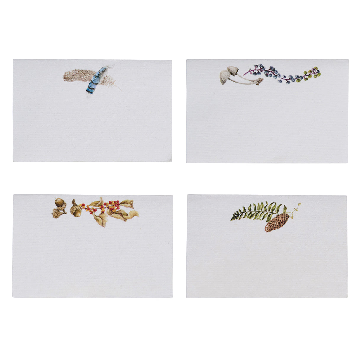 Juliska Forest Walk assorted place cards with feather, berry, acorn and pinecone motifs