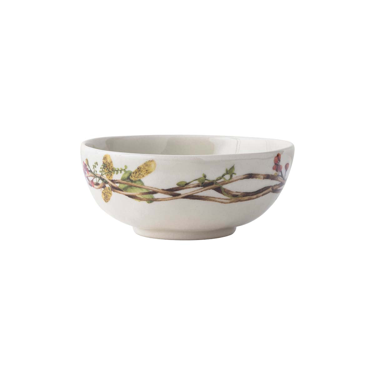 Juliska Forest Walk cream berry bowl with a painted twig and feather band