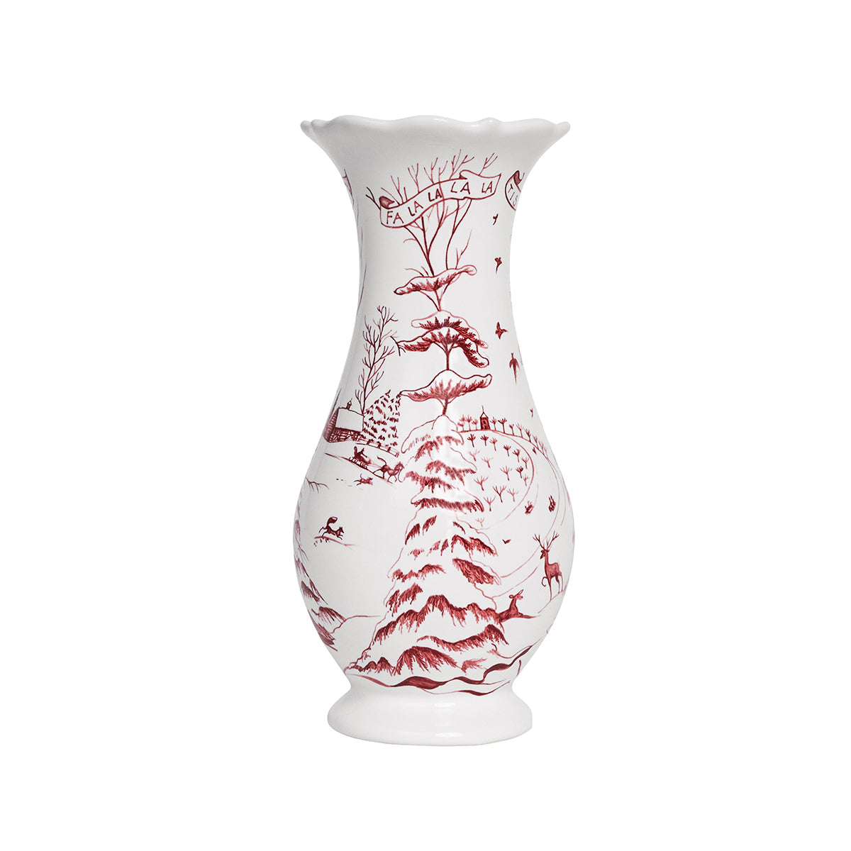 Juliska Country Estate Winter Frolic 9 inch tulip-shaped vase in ruby with snowy estate scenes