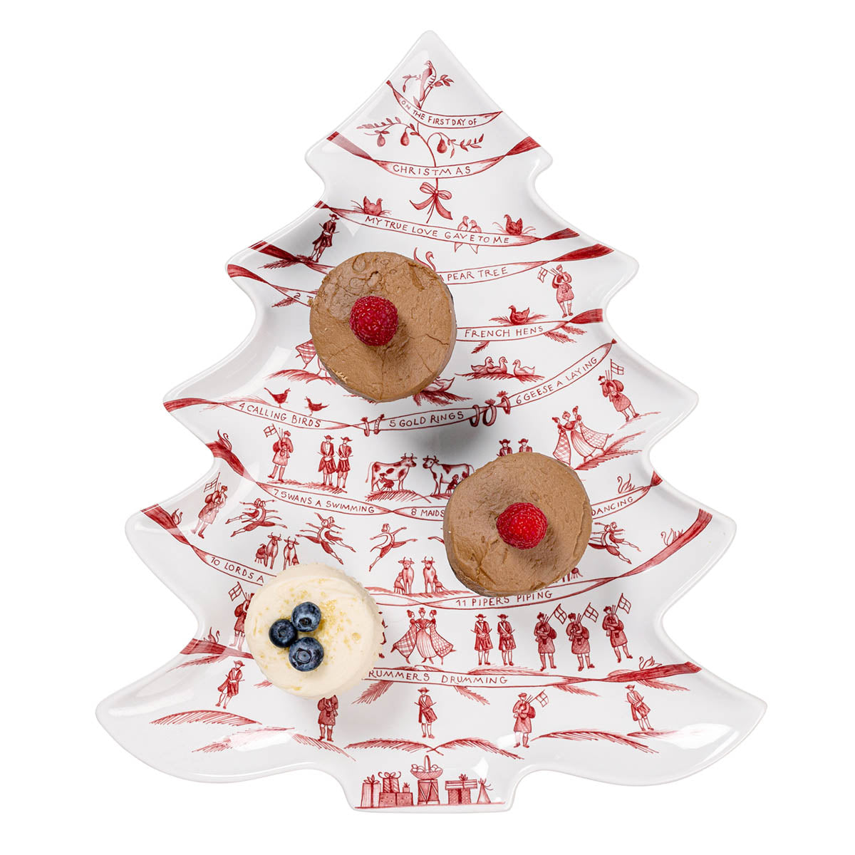 Ruby Winter Frolic tree platter holding iced cookies and tarts