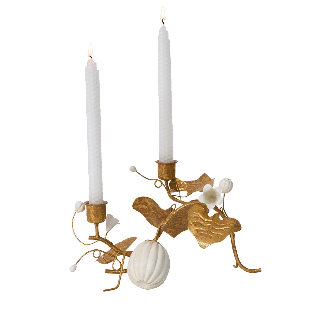 Juliska Forest Walk gold pumpkin and vine double candlestick holder holding two white taper candles