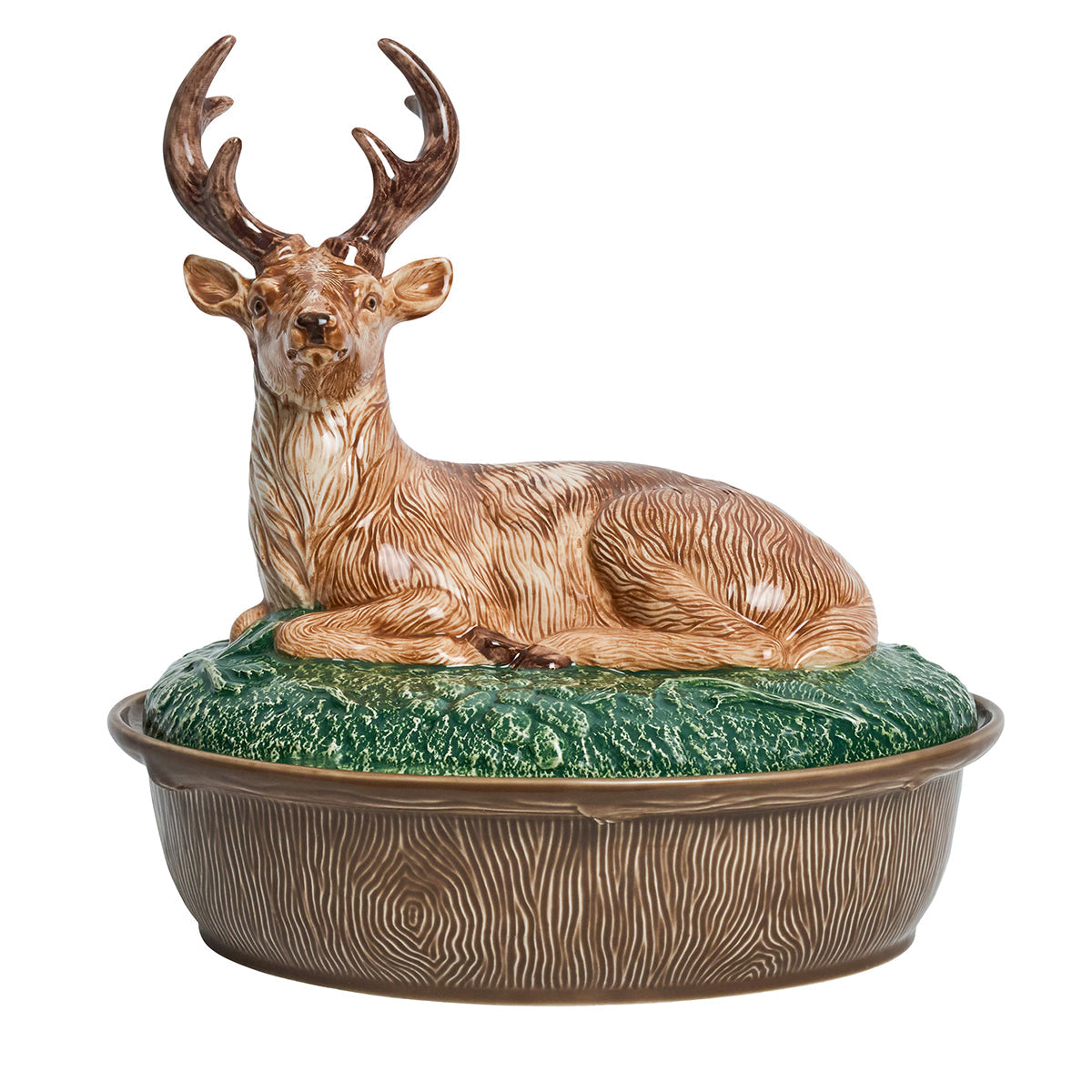 Juliska Forest Walk oval lidded baker with a resting stag on a green grass lid over a brown bark-textured dish