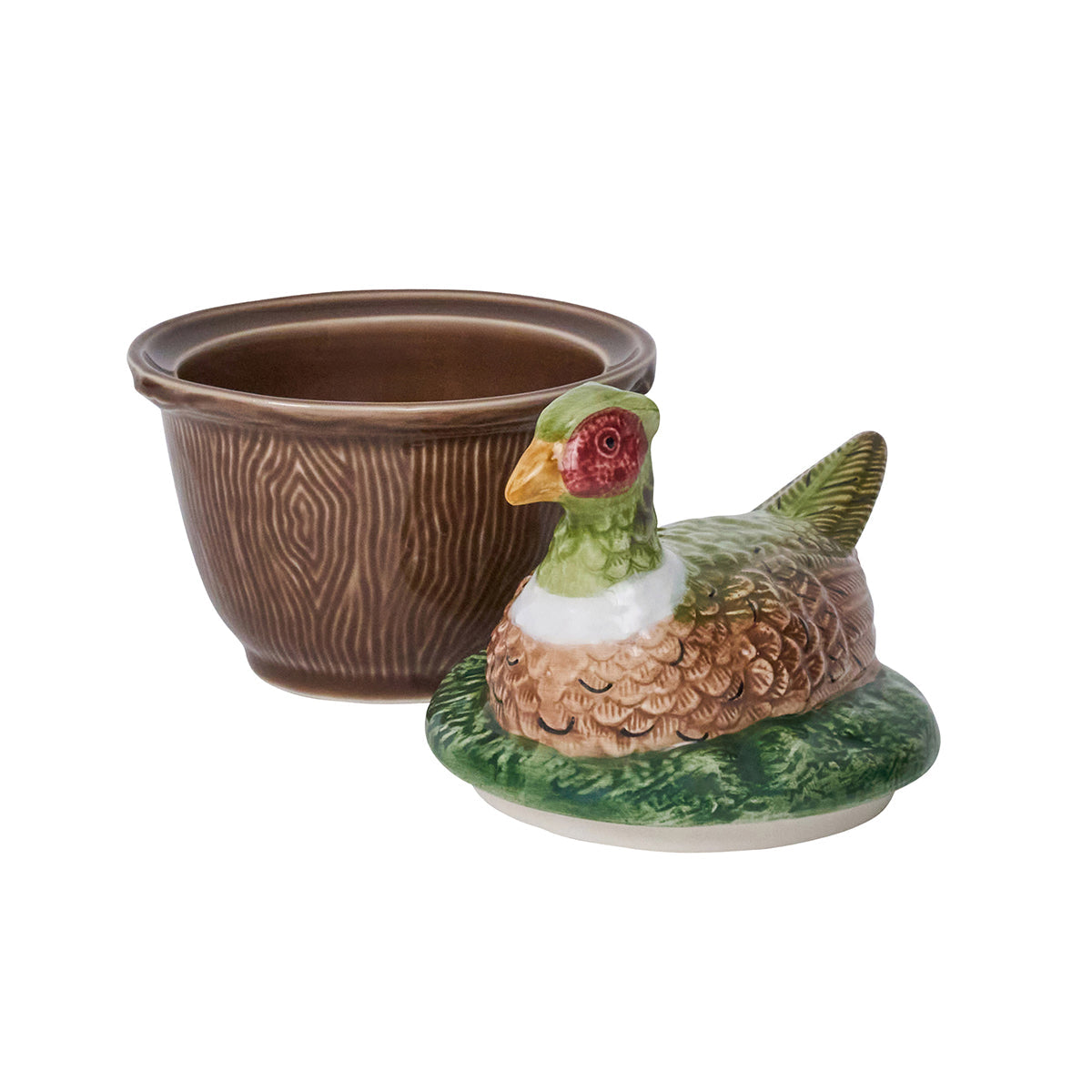 Juliska Forest Walk pheasant lidded bowl, empty, with the pheasant lid set beside the bowl