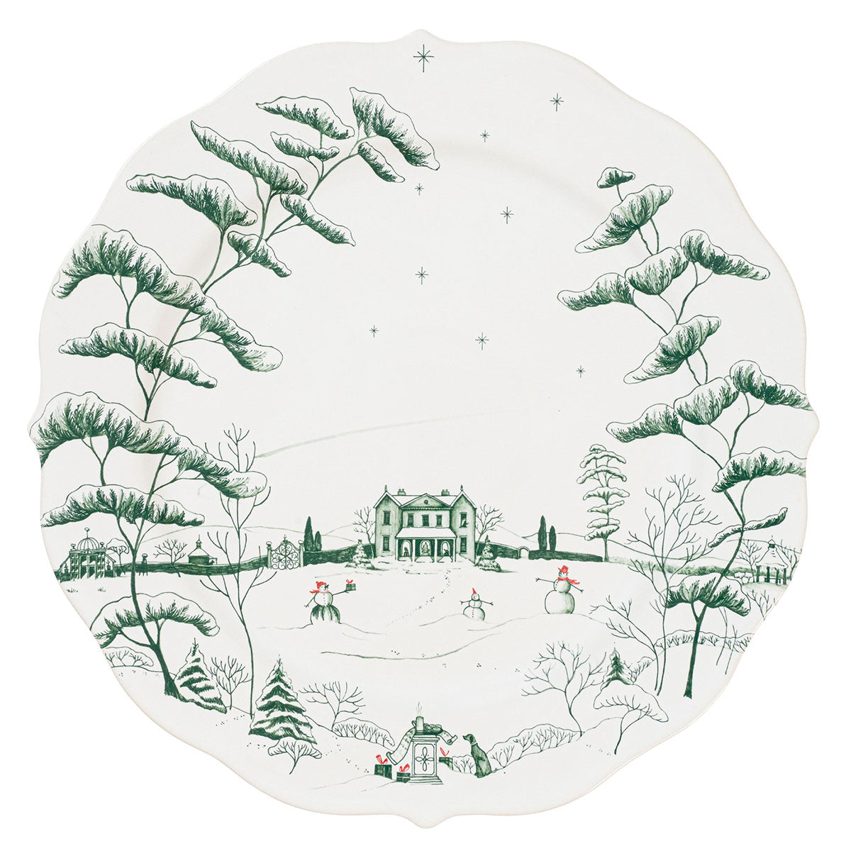 Juliska Country Estate Winter Frolic charger in evergreen with the snowy main house framed by fir boughs