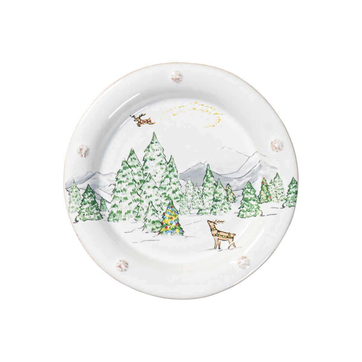 North Pole side plate with a snowy forest and reindeer at play
