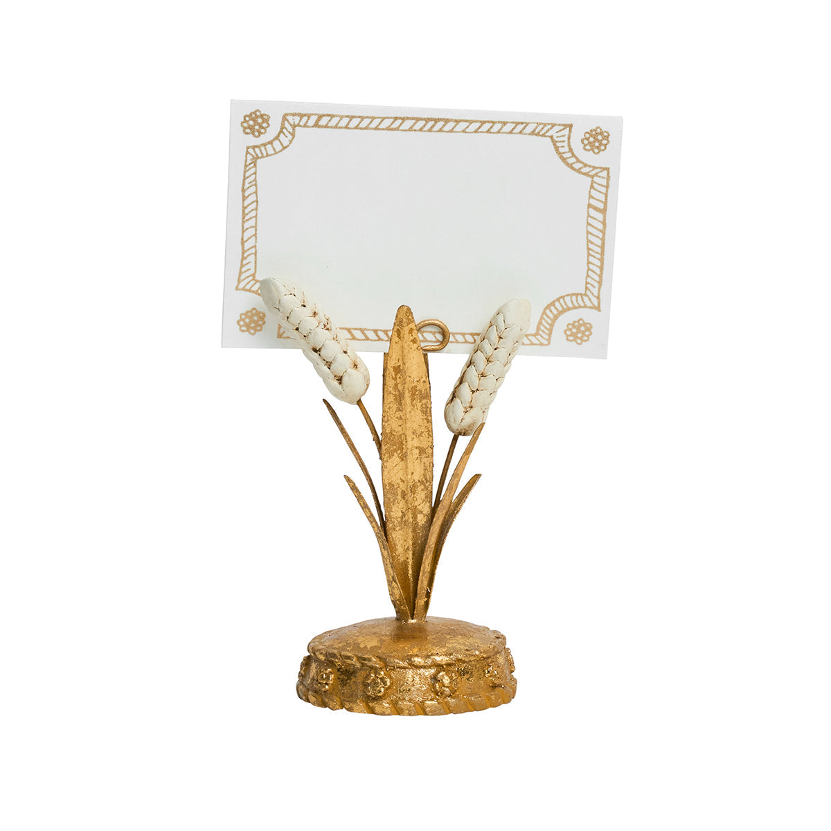 Juliska Forest Walk gold wheat place card holder holding a blank card with a gold border