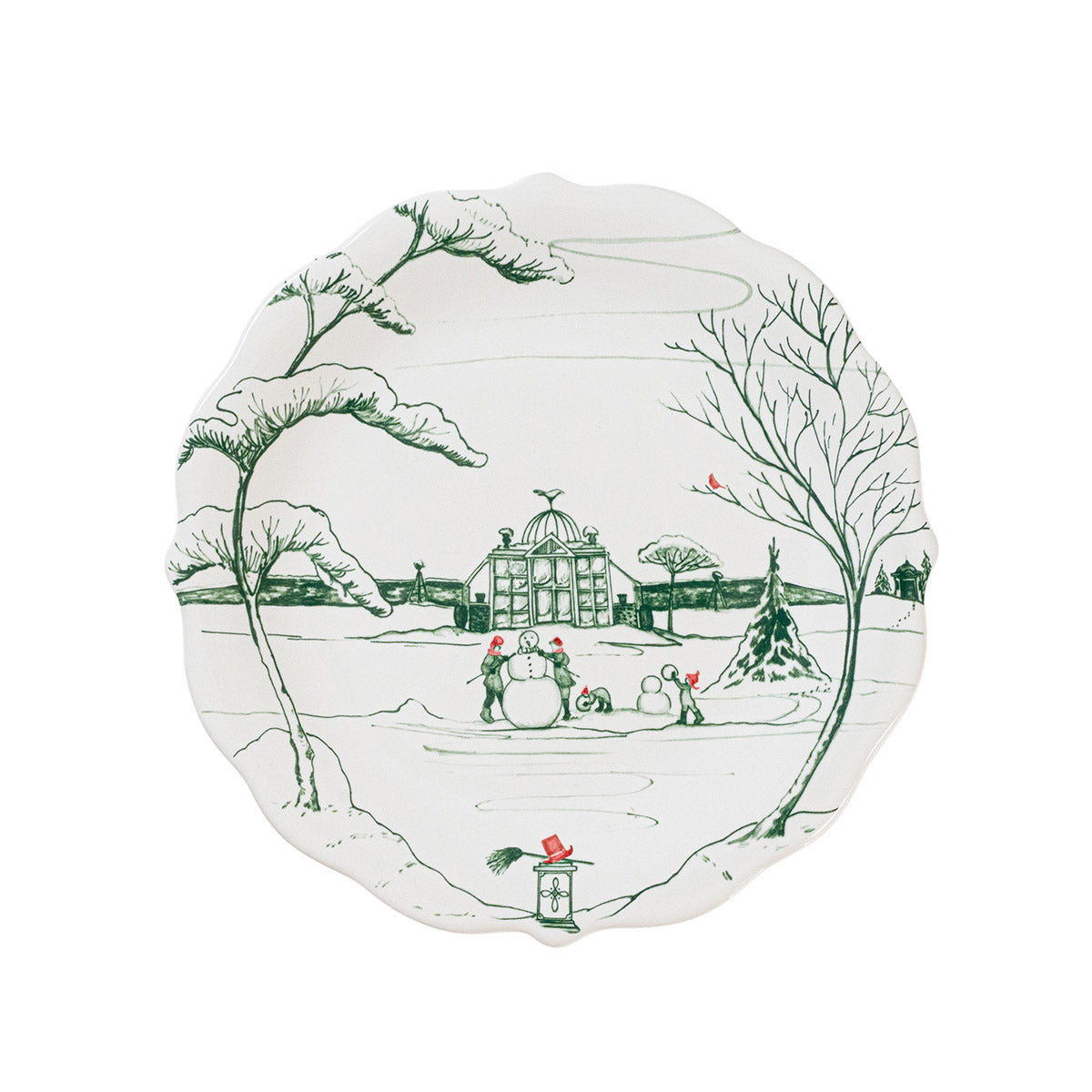 Evergreen Winter Frolic party plate with snowmen in front of the main house