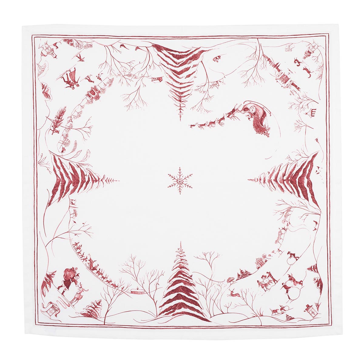 Ruby Winter Frolic napkin unfolded, showing fir trees and Santa's sleigh in the corners