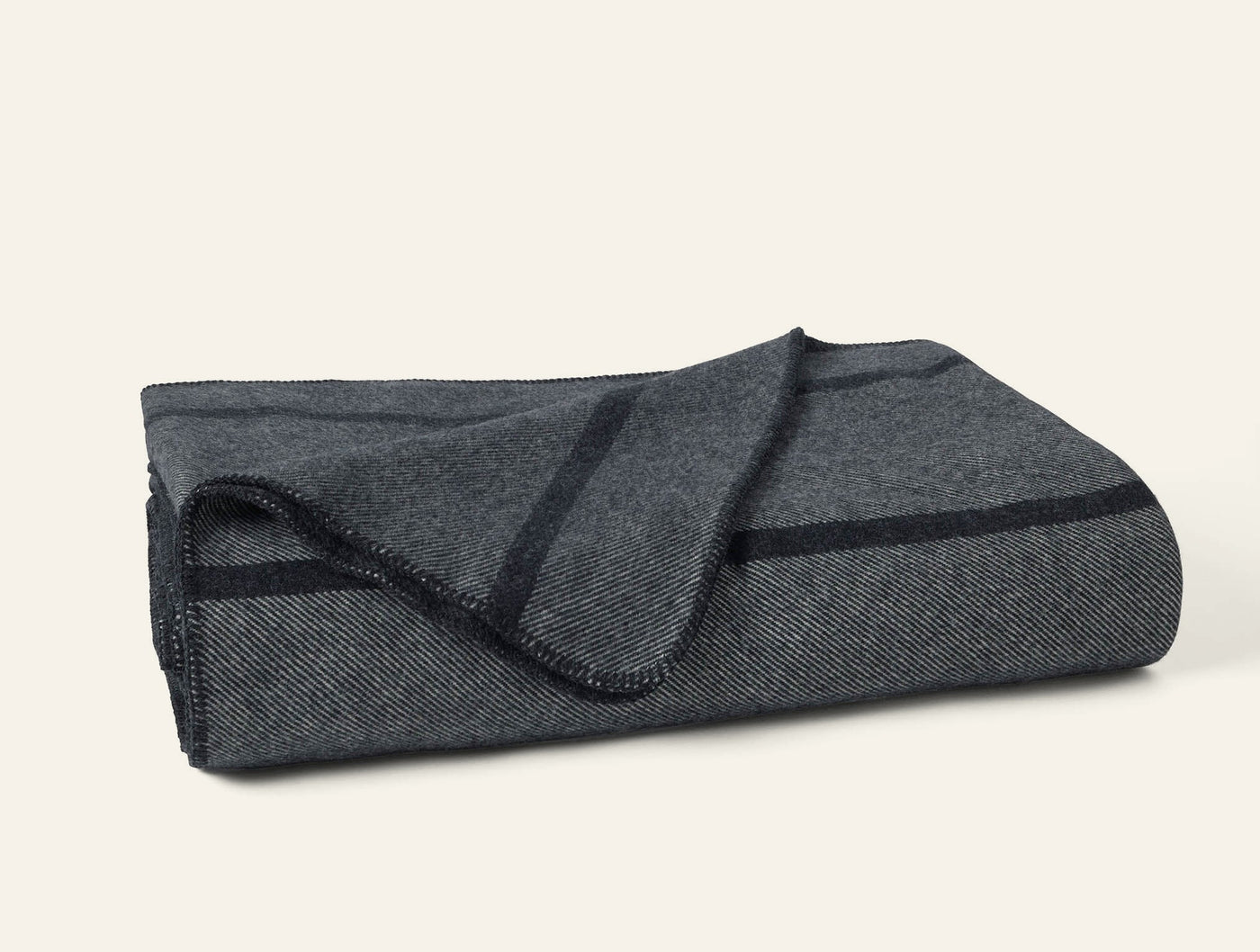 Close-up of folded charcoal herringbone wool blanket with black stripe border detail.