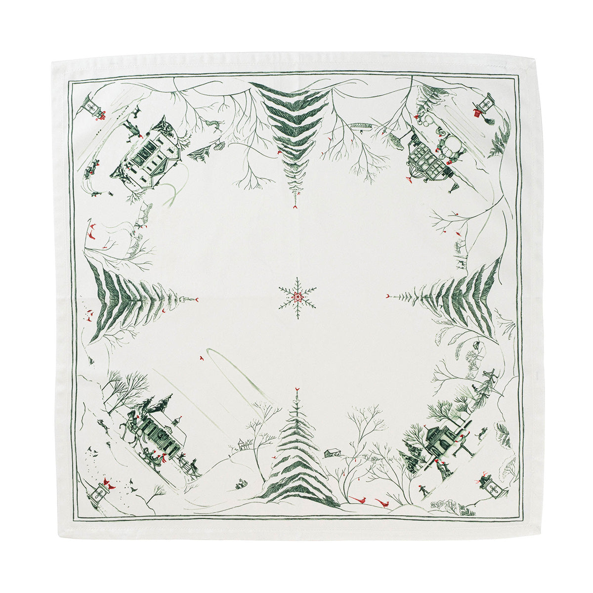 Evergreen Winter Frolic napkin unfolded, showing fir trees and the estate in each corner