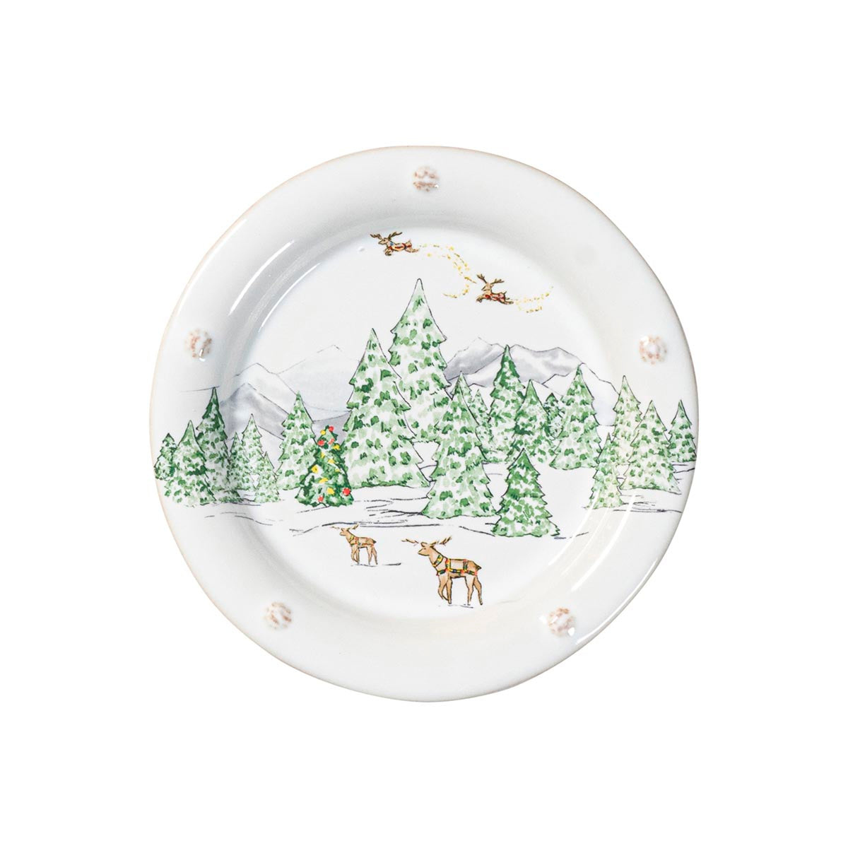 North Pole side plate with snow-covered fir trees and a pair of reindeer