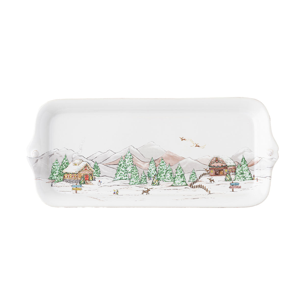 Juliska Berry & Thread North Pole 14.5 inch hostess tray with the reindeer barn and Santa's cottage