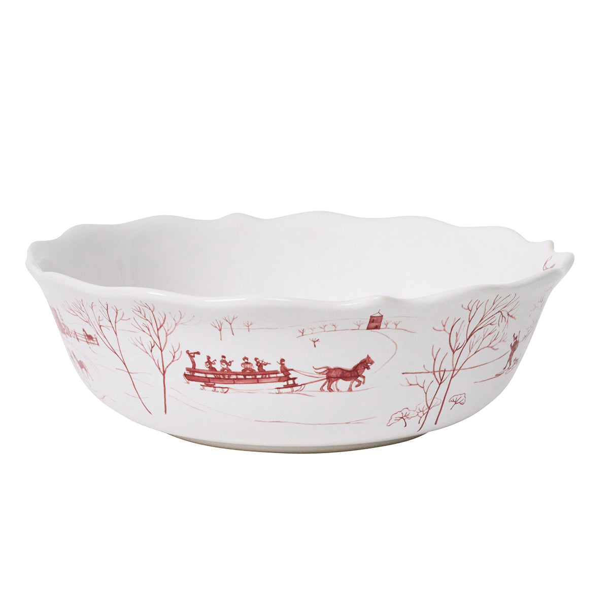 Ruby Winter Frolic serving bowl showing a horse-drawn sleigh