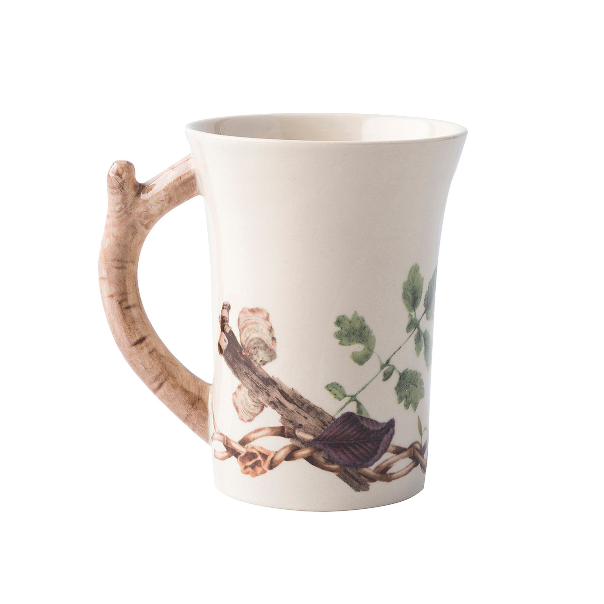Juliska Forest Walk mug, reverse side, with a painted branch, bird and leaves