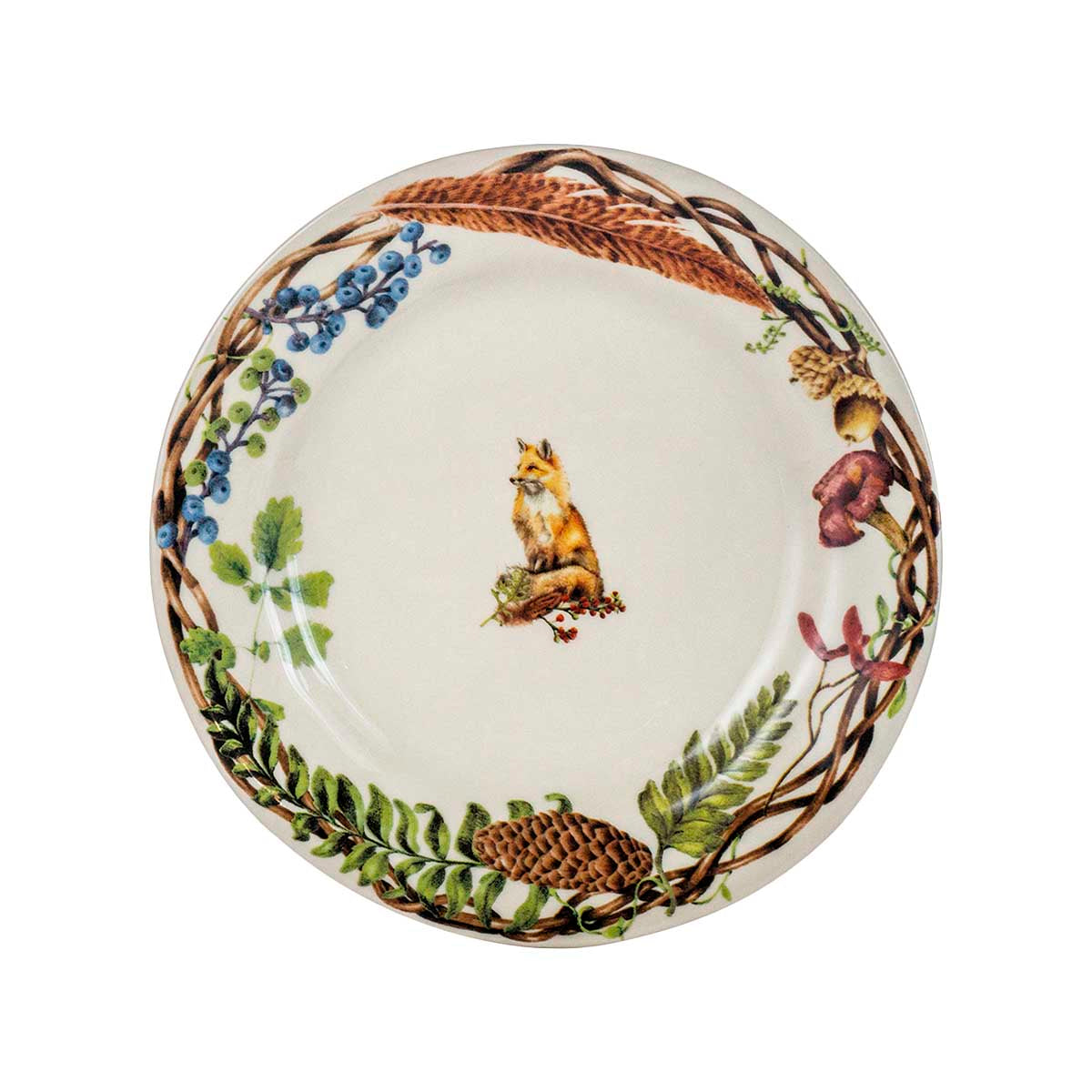 Juliska Forest Walk salad plate with a fox at the center inside a twig, berry and feather border