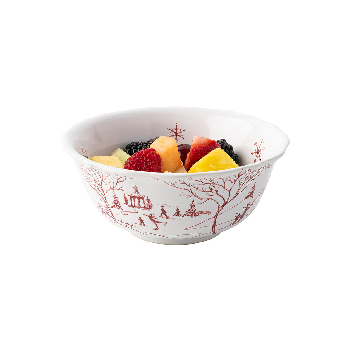 Ruby Winter Frolic cereal bowl filled with cut fruit