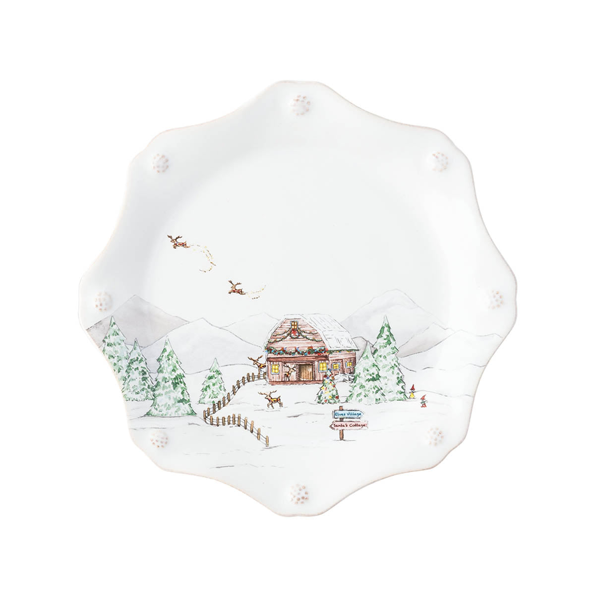 North Pole scalloped salad plate with a log cabin and winding path in the snow