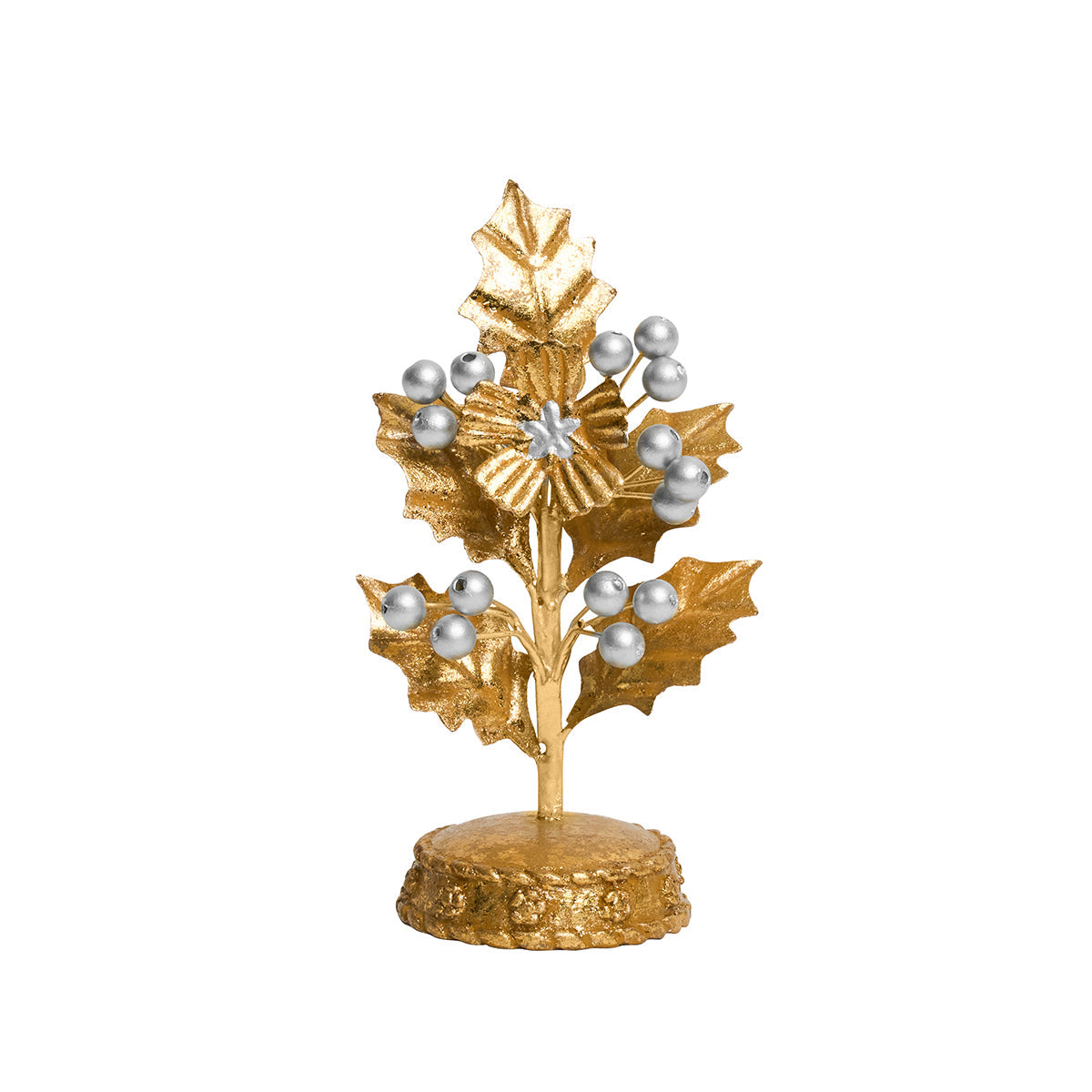 Juliska Forest Walk gold holly place card holder with silver berries